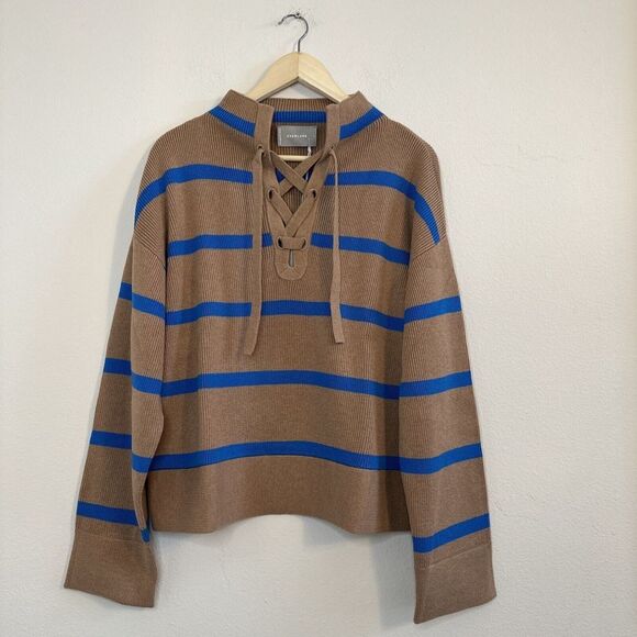 Everlane Lace Up Smock Sweater Chestnut Blue Stripe Organic Cotton Wool Sz L - Picture 1 of 10